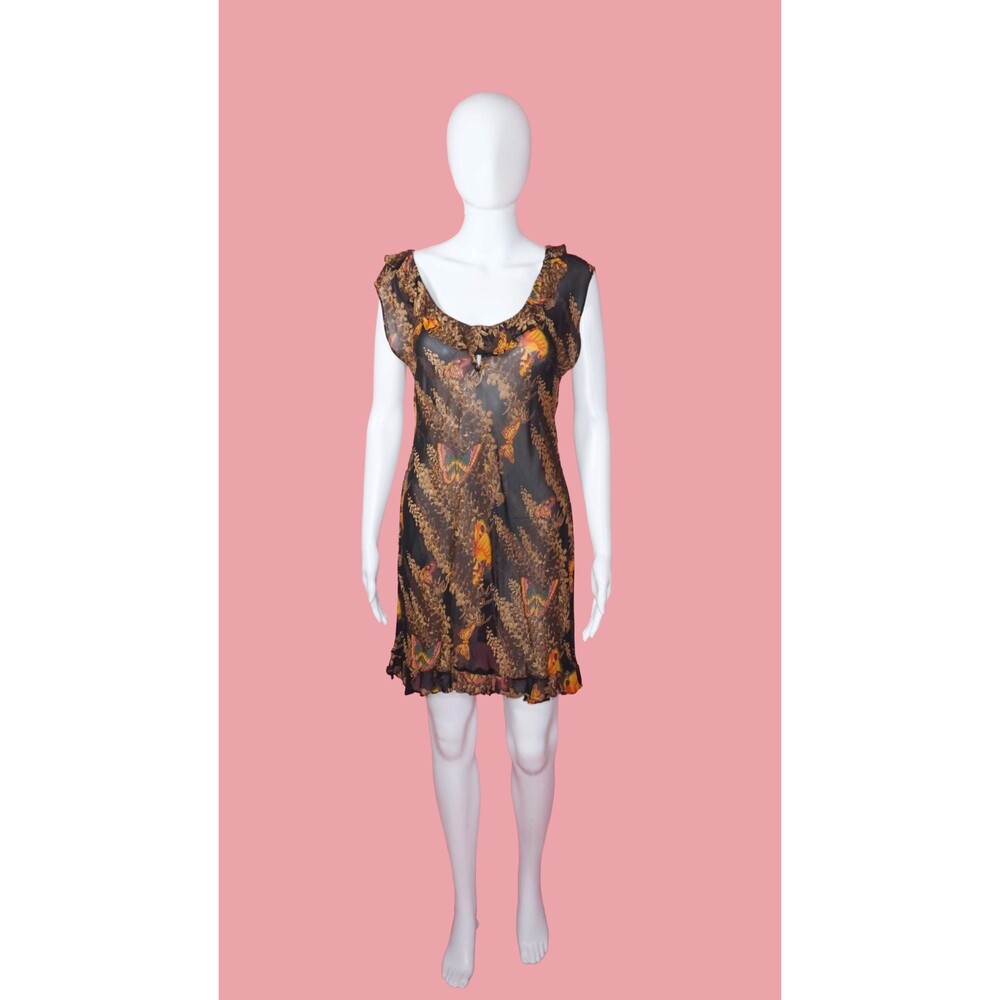 1990s BETSEY JOHNSON Semi Sheer Butterfly Dress W/Keyhole & Ruffles. S-M. AS IS
